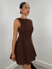 SHEIN BAE 女士纯色无袖荷叶边下摆松紧腰优雅连衣裙，适合秋季约会 - 咖啡棕 - 查看 5