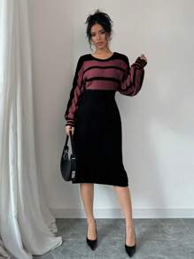 Calvaya Elegante gebreide damesjurk met ronde hals, lange mouwen, strepen, verlaagde schouders en casual stijl voor de herfst