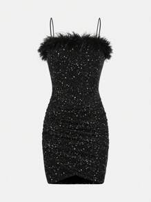 SHEIN Girlism Vestido de baile de lantejoulas pretas para adolescentes, elegante, glamoroso, com bainha peluda, adequado para encontros, reuniões, festas, festivais, ano novo
