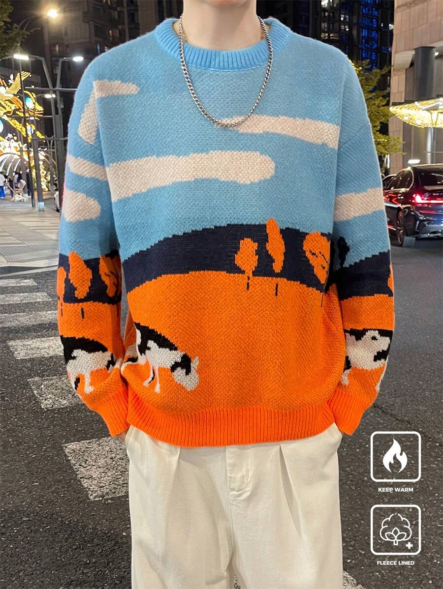 Claim Dot Men's Contrast Color Graphic Print Crew Neck Long Sleeve Sweater