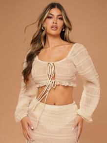 Hauture Solid Texture Bow Tie Balloon Sleeve Crop Top - Apricot - View 4