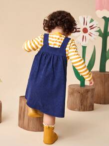 SHEIN Baby Girl 2pcs Cute Long Sleeve Striped Print Top And Bee Embroidered Overall Dress Casual Fashion Outfit, Suitable For Fall - Navy Blue - View 2
