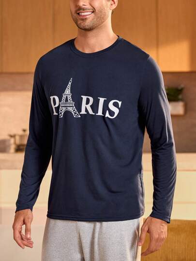 Manfinity Underwear&Sleepwear Basics Men's Letter Printed Round Neck Long Sleeve Casual Loungewear Top