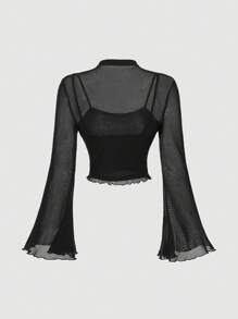 SHEIN MOD Chemisier pour femmes avec col montant et manches évasées, Tenues de concert, Tenues de sorcière, Cols roulés noirs, Hauts de pirate, Vêtements hippies, Hauts de sorcière, Costume de diable, Top noir sexy