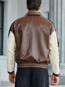 Manfinity RelaxMax Men's Autumn Contrast Color Long Sleeve PU Leather Single Breasted Casual Jacket