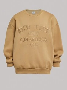 2pcs Set Tween Girls' Loose Casual Chic Embroidered Sweatshirt And Tapered Sweatpants, Thermal Lined , Thickened - Khaki - View 6