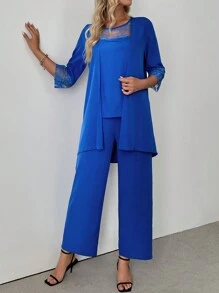 SHEIN LUNE Conjunto casual de 3 piezas para mujer: chaqueta de manga media en unicolor, blusa con empalmado de encaje y pantalones - Azul - Ver 4