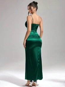 SHEIN Belle Women's Solid Color Spaghetti Strap Sequin Decoration Long Cocktail Dress, Prom Semi Formal Dress, For Birthday, Wedding Guest, Graduation, Dinner, Homecoming, Christmas