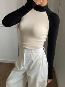 Livesso Color Block High Neck Long Sleeve Fitted Women T-Shirt
