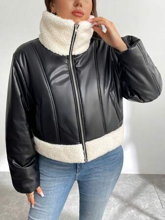 SHEIN Privé Plus Size Autumn Winter Comfortable Elegant PU Spliced Faux Warm Contrast Color Coat