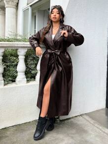 SHEIN EZwear Plus Size damski płaszcz typu trencz ze skóry PU ze ściągaczem w pasie i podszewką, jesień zima