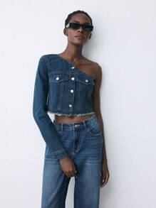 Maija 1 chiếc áo khoác denim dài tay một bên vai màu xanh dành cho nữ - Rửa trung bình - Xem 3