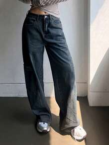 DAZY Dames effen zakje casual losse rechte pijp jeans