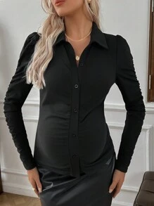 SHEIN Maternity Long Sleeve Solid Color Bubble Blouse, Spring Autumn