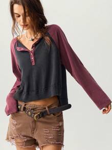 Bohemela Lässige Loose Bluse für Frauen mit V-Ausschnitt, Farbblock-Raglanärmeln und Langarm