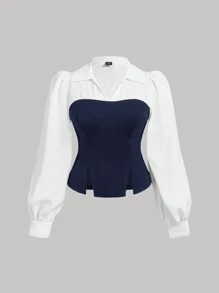 SHEIN MOD Plus Size Zwart & Wit Contrast Split Zoom Getailleerd Halter Shirt
