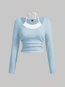 SHEIN MOD Plus Size Light Blue And White Two Tone Lettuce Trim Tie Back 2 In 1 Tee - Baby Blue - View 1