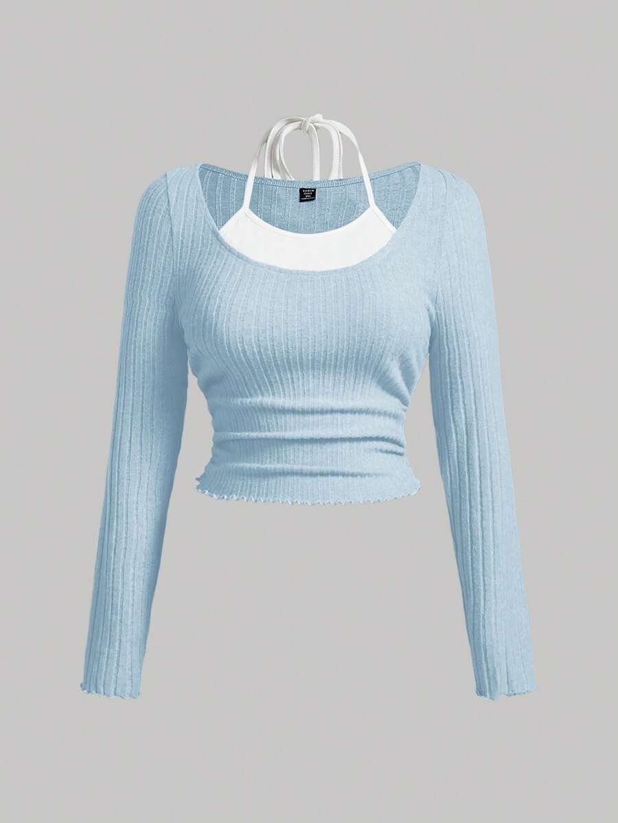 SHEIN MOD Plus Size Light Blue And White Two Tone Lettuce Trim Tie Back 2 In 1 Tee - Baby Blue - View 1