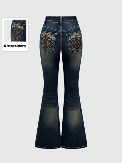 ROMWE Grunge Punk Floral & Alphabet Embroidery Women's Flare Casual Jeans, School