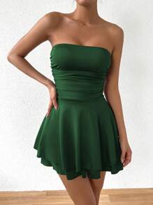 Allurite Women's Summer Solid Color Pleated Ruched Hem Fashionable Tube Dress