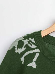 SHEIN LUNE Áo len dài tay cổ tròn họa tiết đầu lâu cỡ lớn, chất liệu dệt kim, thích hợp cho mùa thu đông. - màu xanh lá - Xem 4