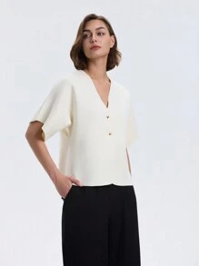 1pc Solid Color Front Button Minimalist Casual Dolman Sleeve Knit Top Spring - Beige - View 6