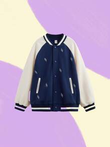 SHEIN Áo khoác Varsity dài tay dệt kim họa tiết Lightning Graphic Color Block dành cho bé trai tuổi mới lớn, phong cách thể thao đại học, mùa thu/đông - Màu xanh lam - Xem 5