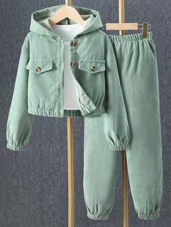 2 pièces Ensemble sweat-shirt à capuche et pantalon pour fille pré-adolescente de couleur unie avec boutons devant