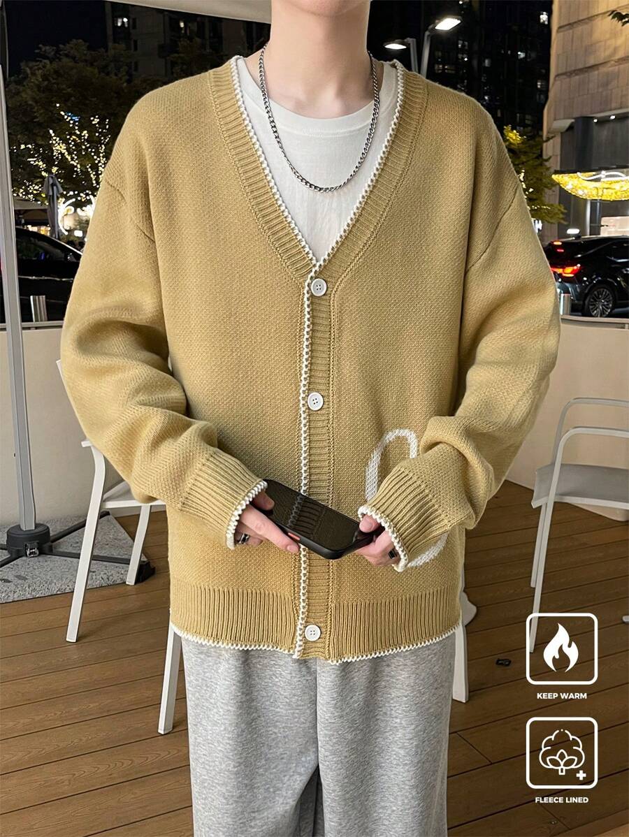 Claim Dot Men's Graphic V-Neck Dropped Shoulder Casual Loose Cardigan, Fall/Winter - Apricot - View 1