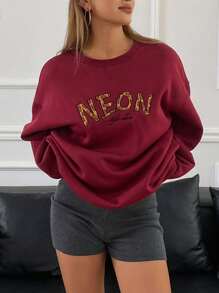 DAZY Women's Loose Fit Letter Embroidered Crew Neck Sweatshirt,Fall Women Clothes - Red - View 6