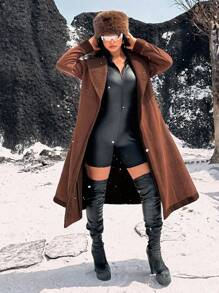 Flirla Plus Size Women's Casual Stand Collar Long Sleeve Long Coat For Winter