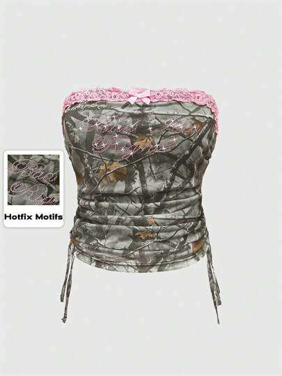 Grunge Punk Y2K Vintage Hiphop American Sexy Camouflage Net Rhinestone Drawstring Women Top