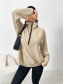 Mulvari 女士翻领拉链长袖针织运动衫 - 卡其色 - 查看 1