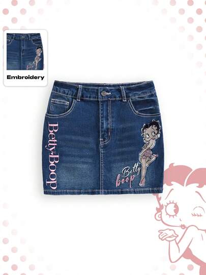 Betty Boop | ROMWE 1pc Women Embroidered Figure & Letter Pattern Denim Skirt
