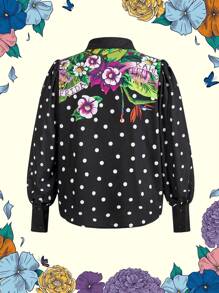 Frida Kahlo X SHEIN Plus Size Modieuze Polka Dot Puff Sleeve Bloemenprint Blouse, Geschikt Voor Woon-werkverkeer En Vakantie, Zwart