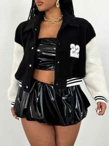 Maweii Chaqueta corta con bloque de color, aplicación de letra y forro de borrego para otoño e invierno, talla grande