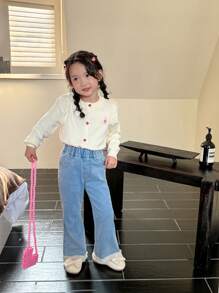 SHEIN Young Girl Patchwork Denim Flare Pants With Pockets And Frill Trim - Blue - View 7