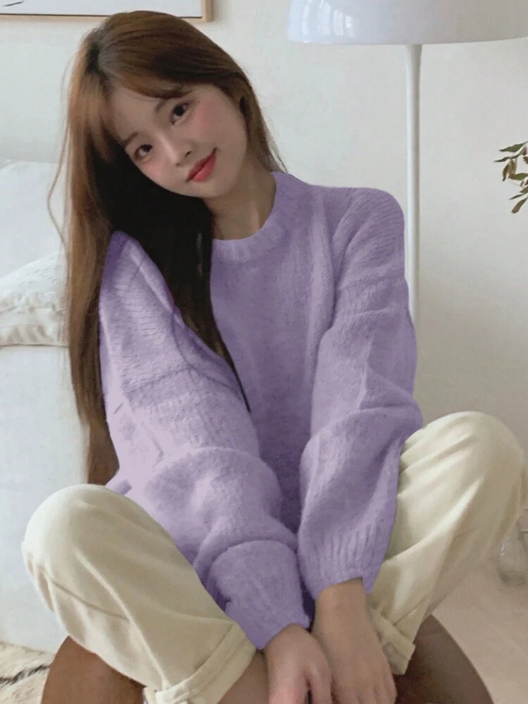 Autumn/Winter Loose Fit Solid Color Drop Shoulder Sweater,Fall Women Clothes