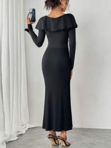 Chiquease فستان أنيق بأكمام طويلة وياقة دائرية ذو موحد اللون - الأسود - مشاهدة 2