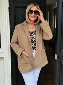 SHEIN LUNE Women's Solid Color Button Front Pocket Long Sleeve Blazer Jacket - Brown - View 5