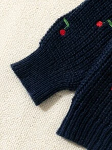 Baby Girl Embroidered Cherry Crew Neck Sweater, Autumn - Navy Blue - View 6