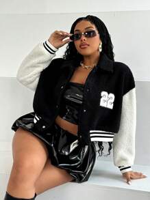 Maweii Chaqueta corta con bloque de color, aplicación de letra y forro de borrego para otoño e invierno, talla grande