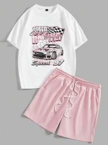 Manfinity RebelGame Men Car & Letter Graphic Tee & Drawstring Waist Shorts For Summer - Pink - View 1
