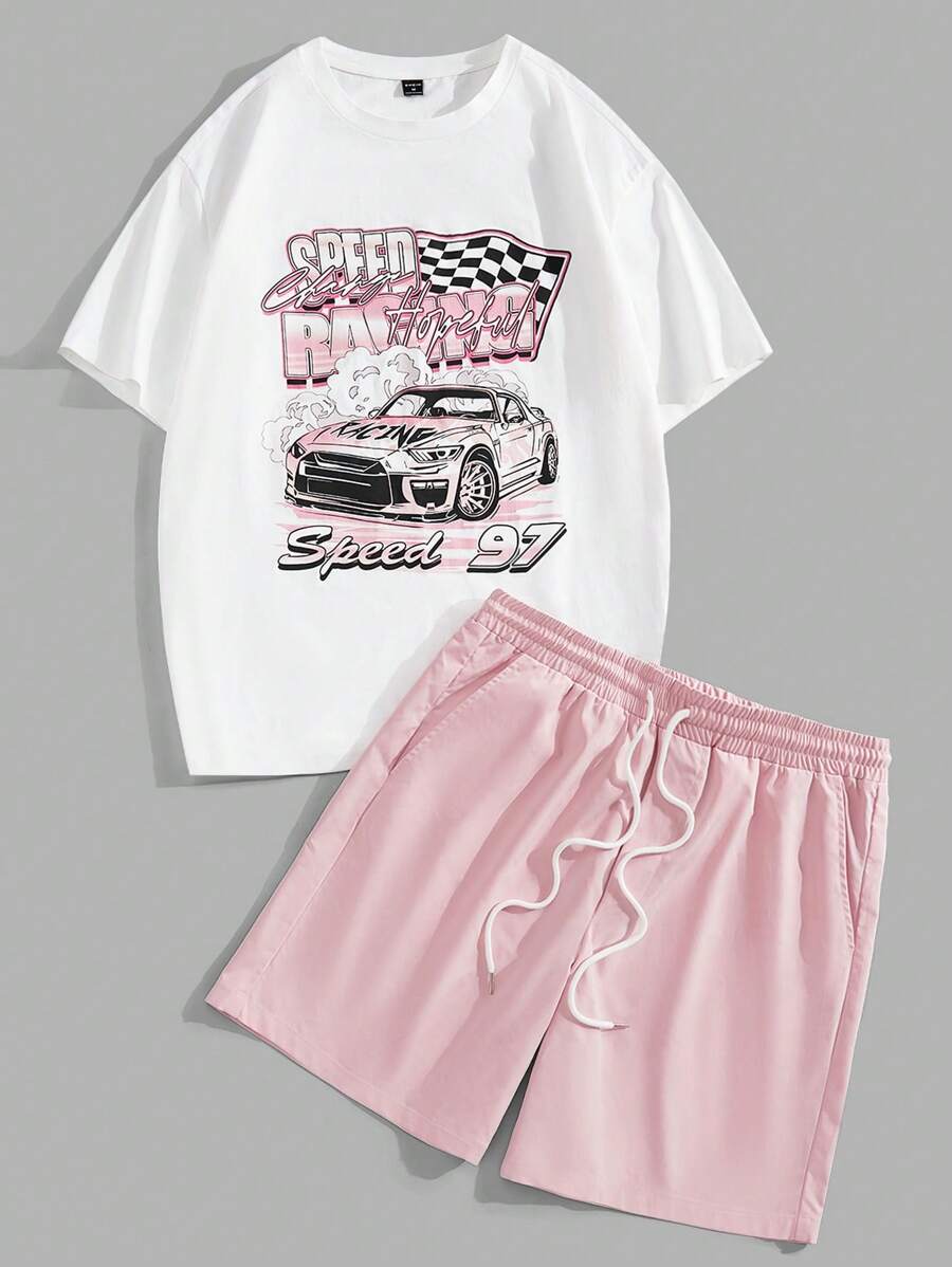 Manfinity RebelGame Men Car & Letter Graphic Tee & Drawstring Waist Shorts For Summer - Pink - View 1
