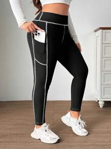 SHEIN EZwear Leggings sencillos de diario de talla grande con rayas de color contrastante