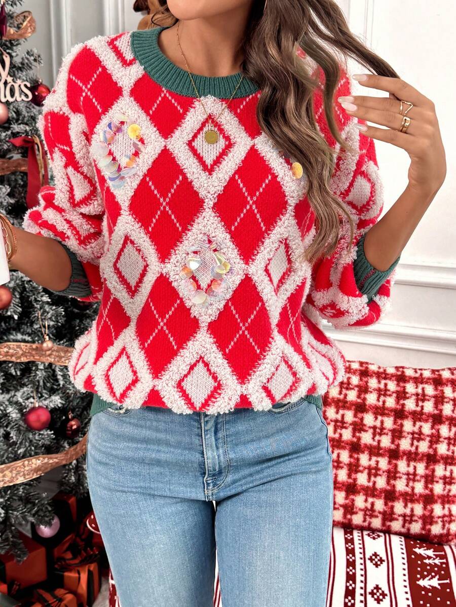 Chiquease 女士拼色饰边几何印花圆领长袖毛衣