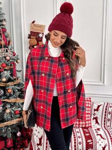 SHEIN LUNE Plaid Print Double-Breasted Cape Sleeve Jacket - Multicolor - View 5