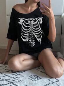 Attitoon 大码女式休闲简约骷髅图案单肩 T 恤，夏季 - 黑色 - 查看 6