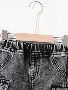 SHEIN 男婴 2 件套凉爽保暖石洗工装口袋黑色牛仔保暖内衬泰迪夹克和宽松牛仔慢跑牛仔裤，适合男婴室内/室外秋冬服装 - 彩色 - 查看 5