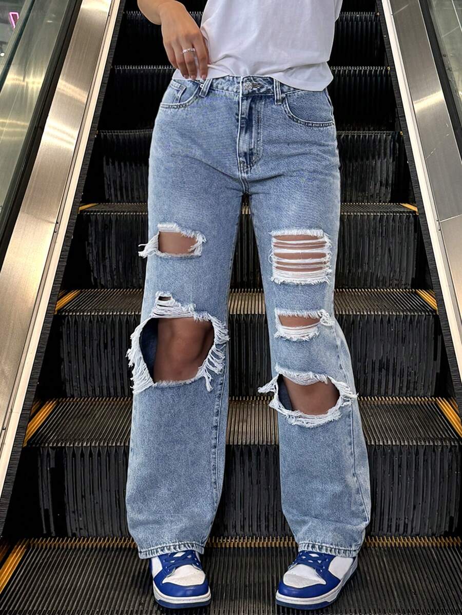 Women's Light-Colored Distressed Straight-Leg Jeans - Light Wash - View 1